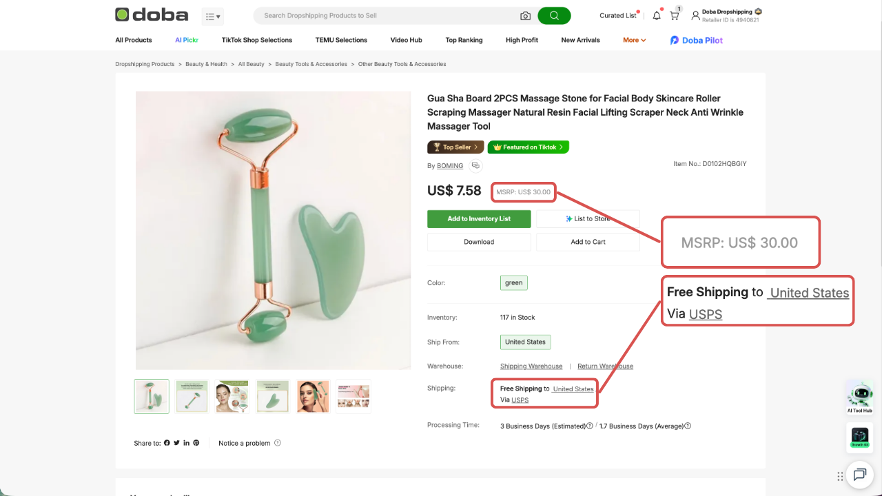 Doba product page showing a low pickup price against a higher MSRP, with free US shipping
