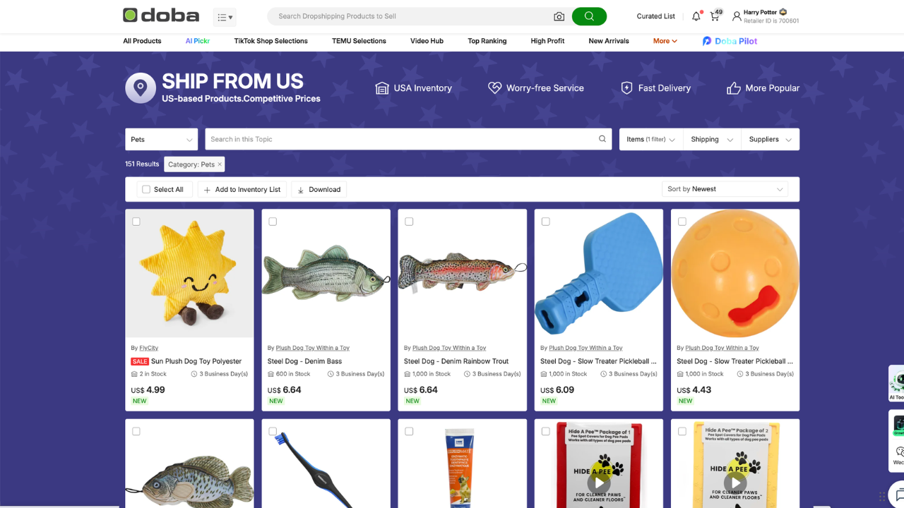 Doba's 'Ship from US' catalog showing US-warehoused products with fast domestic shipping